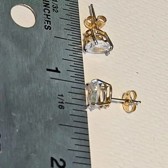 14k Real Gold Solitaire Cubic Zirconia Stud Earrings - 5 X 7mm, 1.32g - Picture 5 of 8